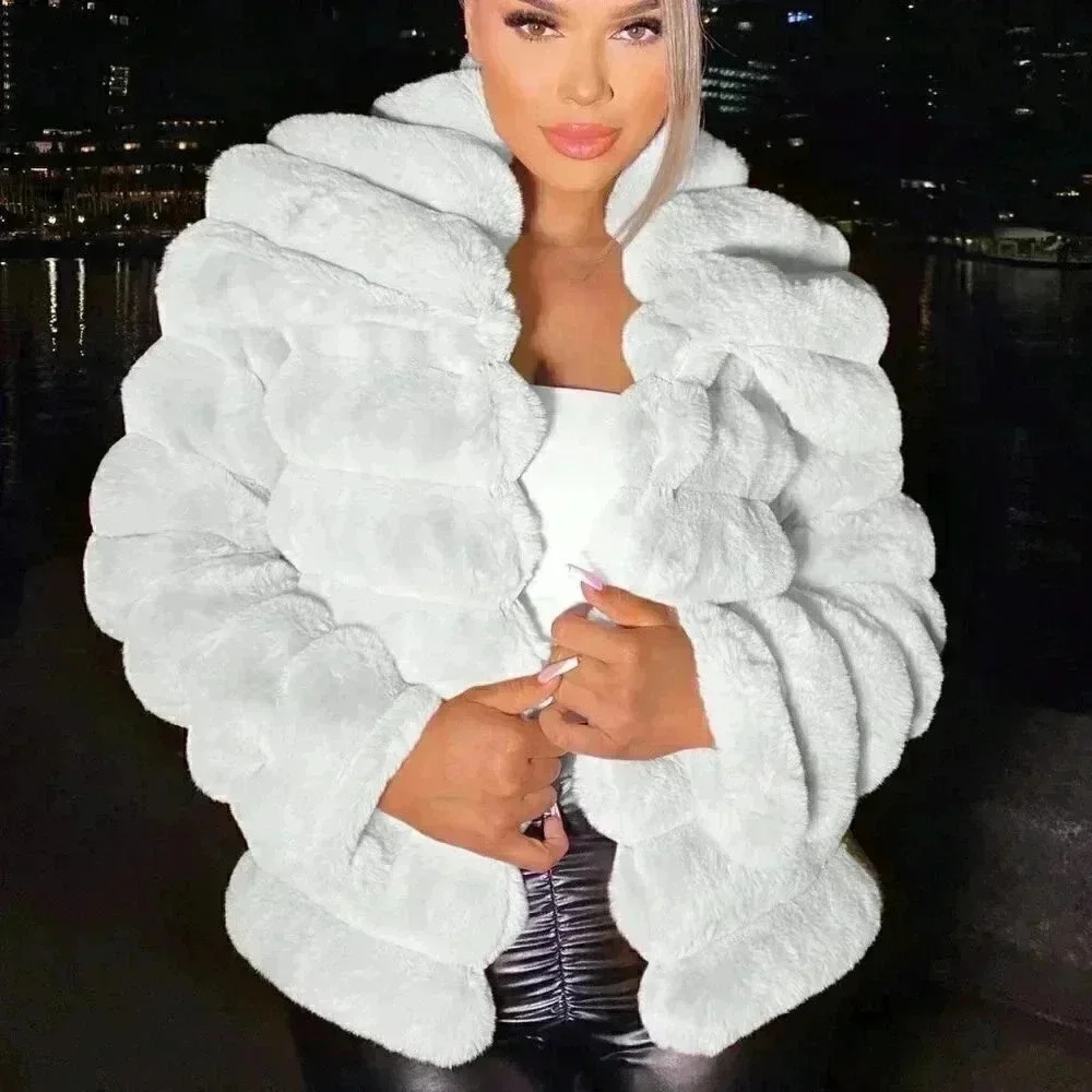 White Preppy Womens Open Front Fuzzy Jacket - Picture 4 of 5